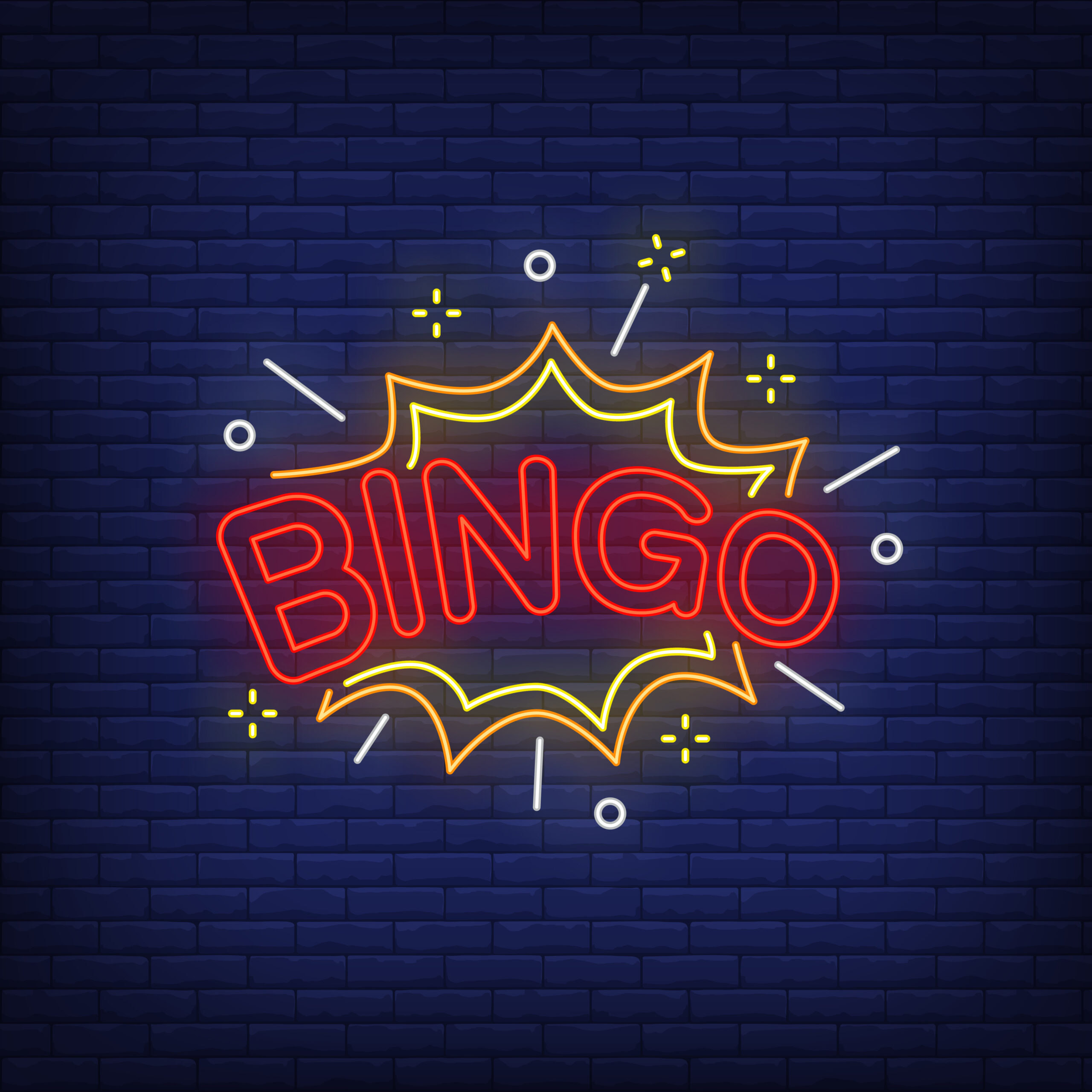 Bingo neon lettering and explosion. Gamble, win, entertainment design. Night bright neon sign, colorful billboard, light banner. Vector illustration in neon style.